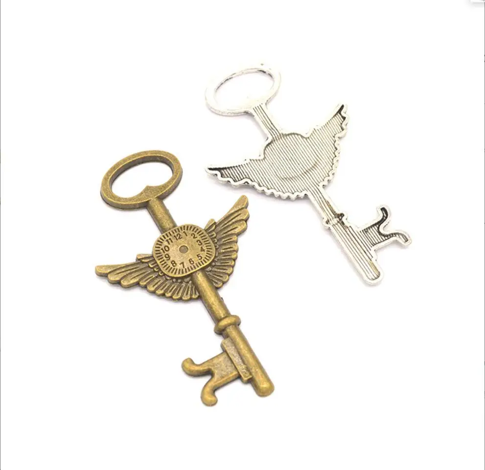 10pcs--44x75mm Huge Steampunk Key Lovely Time hine Clock Wings Key Pendant DIY necklace charms antique Bronze tone F0254