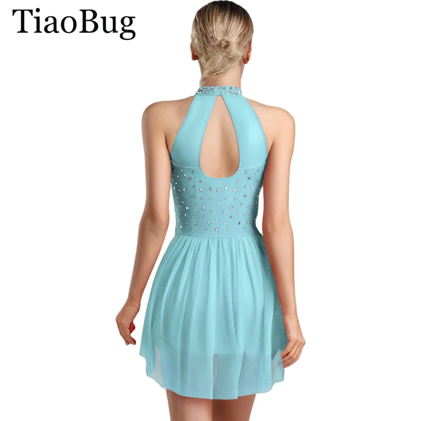 

Women Latin Leotard Dress Sleeveless Rhinestone Irregular Skirted Bodysuit Cha-cha Samba Tango Gymnastics Figure Skating Costume