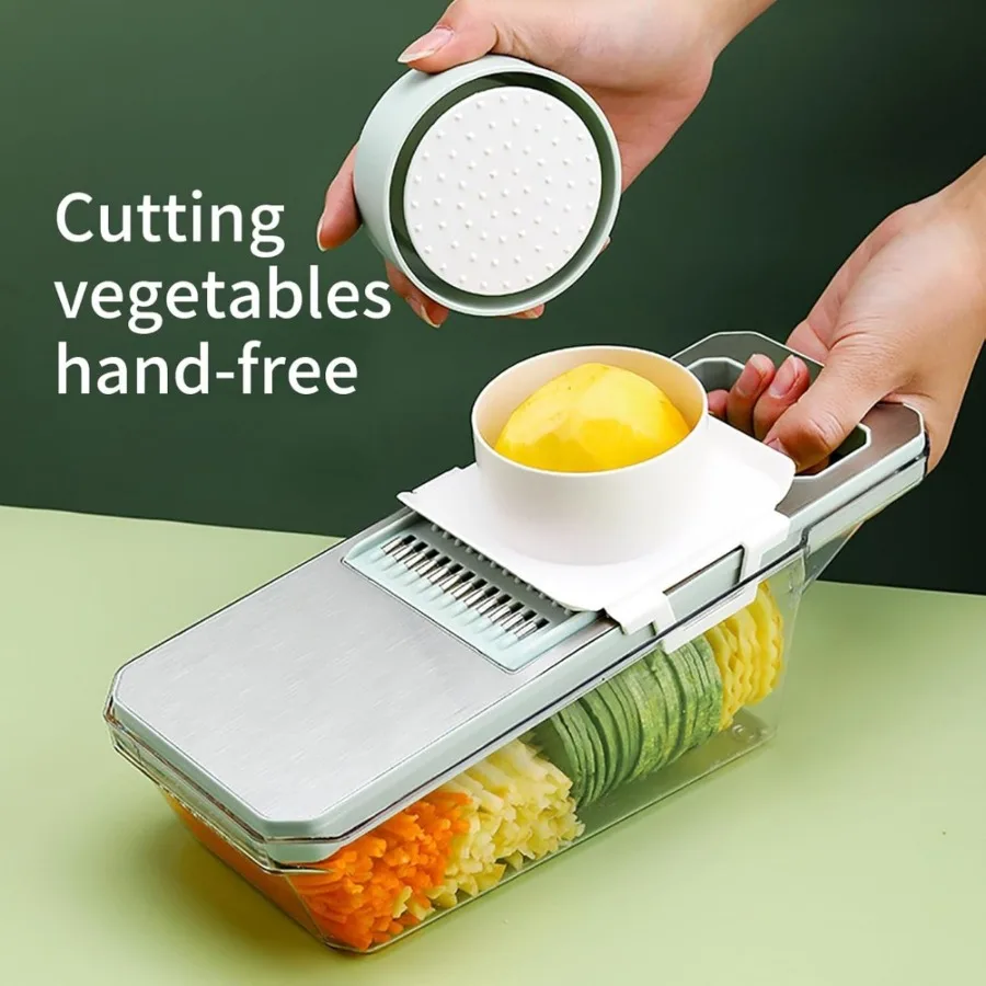 6 Knives Manual Shredding and Vegetable Cutter Convenient and Adjustable Vegetable Slicer Stainless Steel with Drain Basket