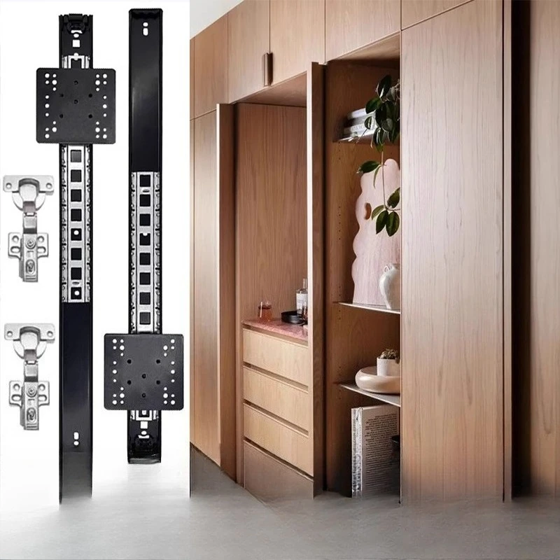 Kit de ferragens para porta pivô oculta, com trilho de montagem lateral retrátil silencioso para armário, guarda-roupa, porta de bolso, economia de espaço