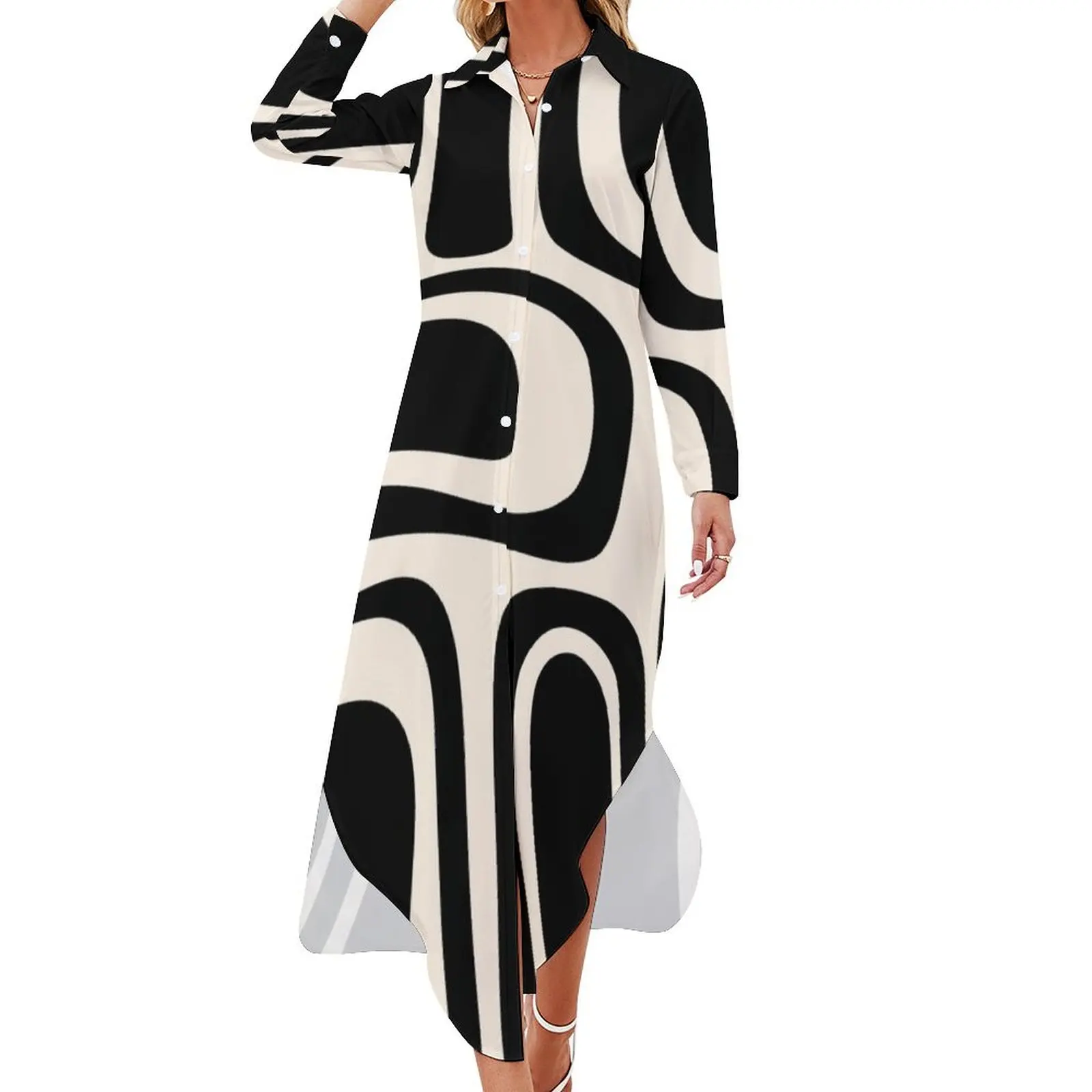 

Palm Springs Retro Midcentury Modern Abstract Pattern in Black and Almond Cream Long Sleeved Shirt Dress