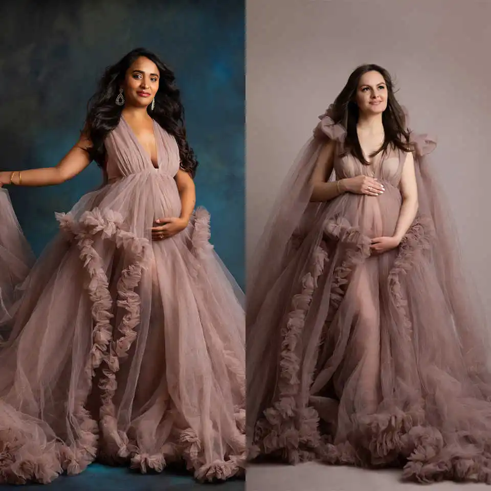 

Soft Deep Pink Tulle Maternity Dress Plus Size Deep V Neck Lace Front Split Pregnant Woman Gowns Special Occasion for Photoshoot