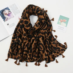 Fashion Cotton Tassel Hijab Scarf Printed Leopard Shawl For Women Muslim Autumn Headband Ladies Four Sided Tassel Wraps 180*90cm