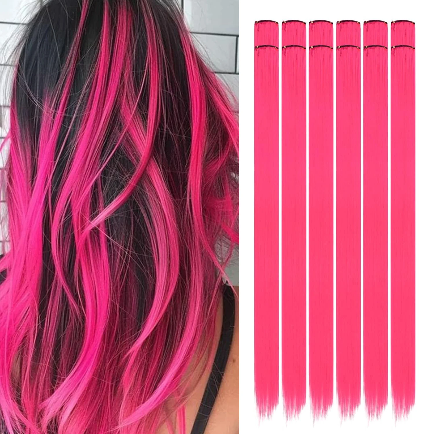 

22 inch Colored Hair Extensions Straight Hairpiece, Colorful Hair Extensions Party Highlights Clip in Long Synthetic Hair Extens