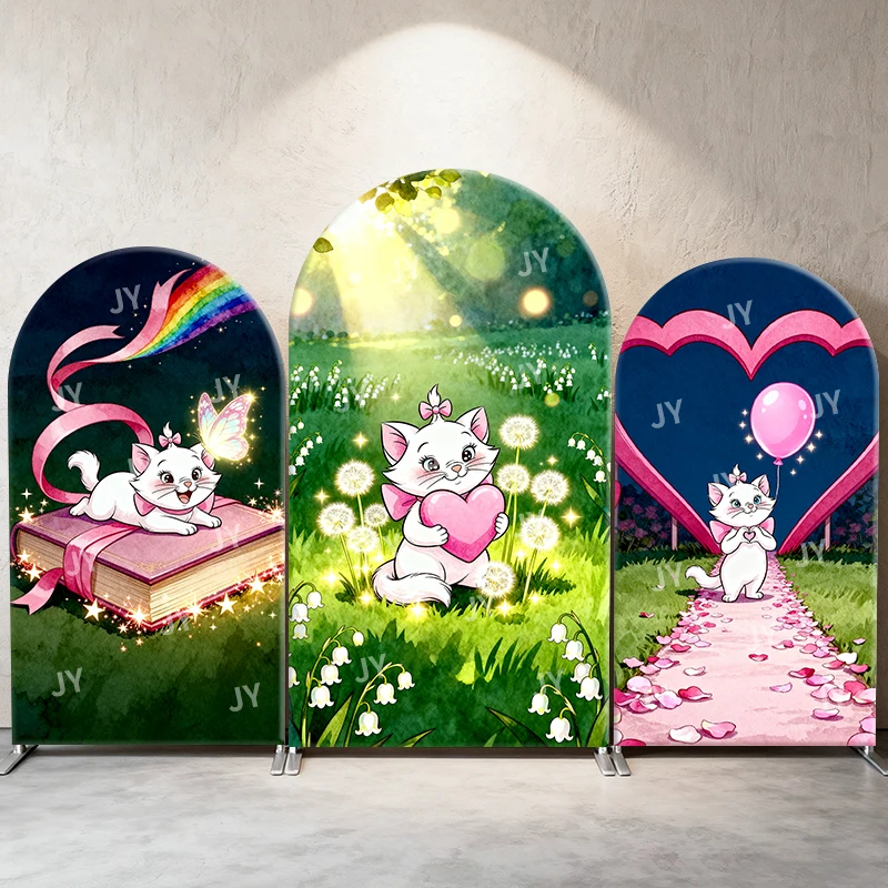 

Marie Cat Arch Backdrop Cover Book Heart Balloon Scene Cartoon Theme Kids Birthday Baby Shower Photo Booth Decor Background