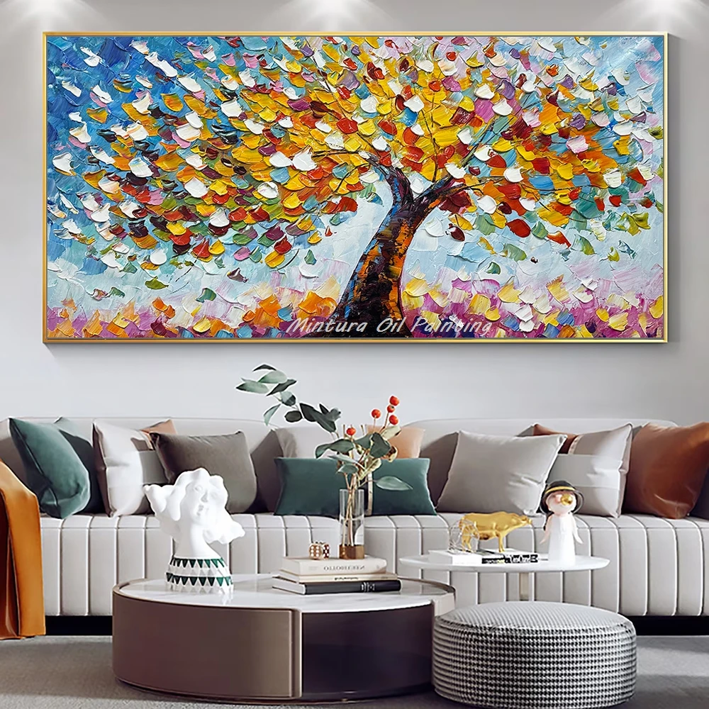 

Масляная живопись на холсте: Цветы на дереве, выполненные в технике пастелью ножом, современный декор для дома, украшение комнаты, настенная картина