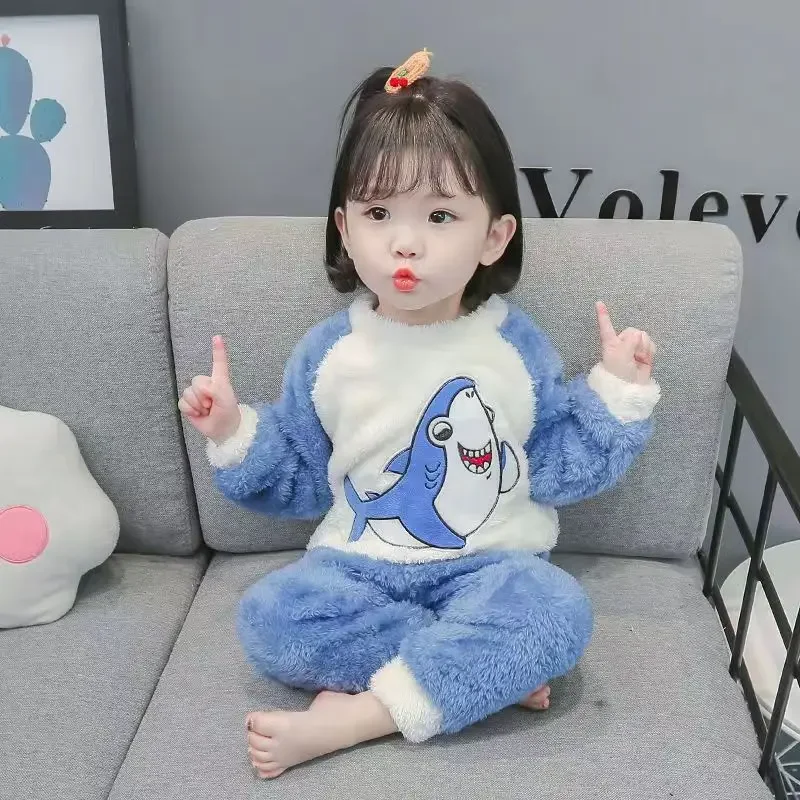 

Winter Baby Boy Outfit Flannel Pajamas Girl Set Kid Girl Clothes Thicken Warm Children Tracksuit Sleepwear Home Clothes Set A818