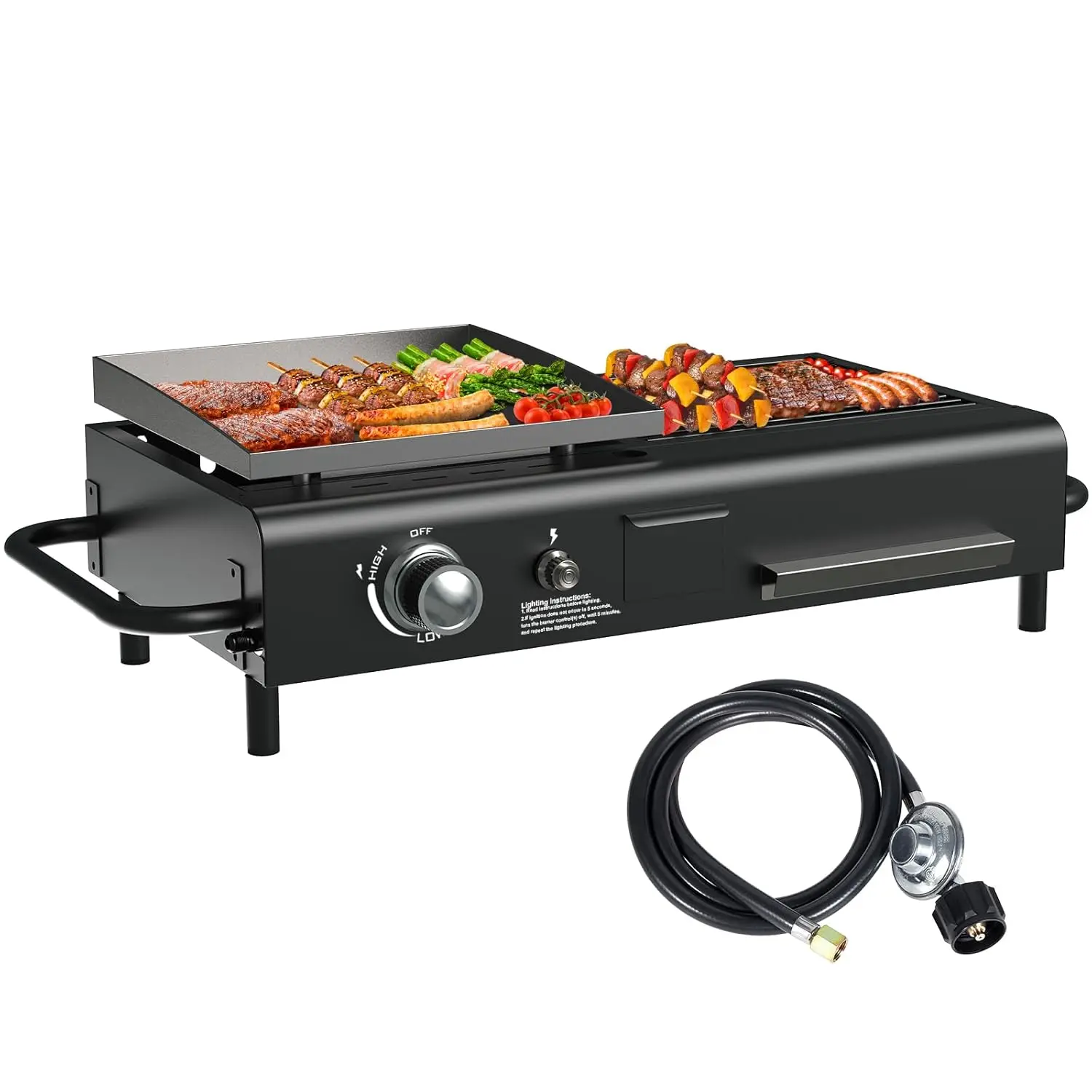 Tabletop Propane & Charcoal Grill Combo, 70,000 BTU Dual Fuel Flat Top Griddle, 2 Side Shelves & Cast Iron Cooking, Customized