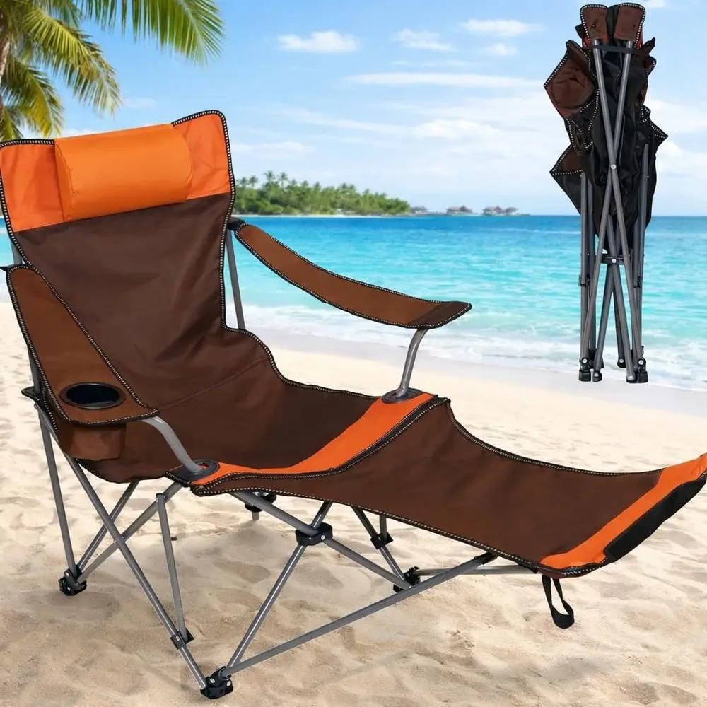 

Portable Reclining Camping Chair with Footrest and Storage Bag, Ideal for Outdoor Adventures in Orange Brown