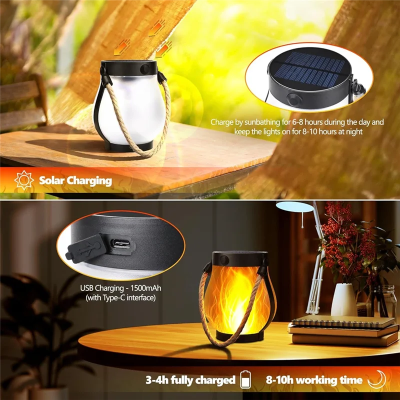 

【Off-Shelf】Flickering Flame Solar Lanterns Lights Garden Lights Waterproof Outdoor Hanging Lantern Dual Charging Via USB And Sol