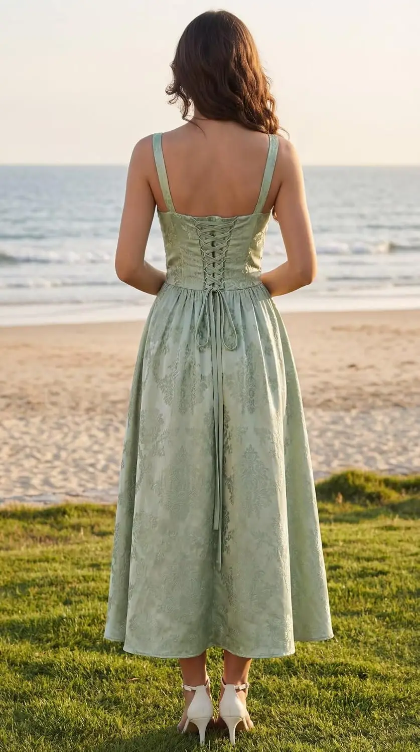 Elegant Spaghetti Strap A Line Tea Length Prom Dress Satin Floral Jacquard Wedding Guest Evening Bridesmaid Cocktail Party Gown