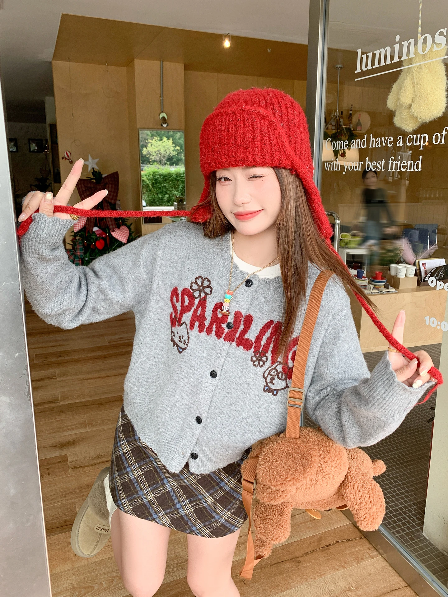 

Zeng Xiao Salt Korean Sle Embroidered ey Knitted Open Cardigan Women's Loose Sweater Outerwear Top for Autumn Winter