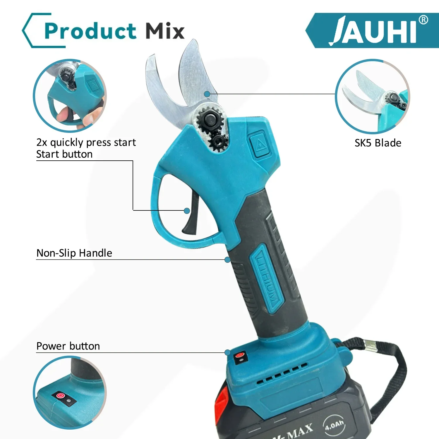 JAUHI  Brushless Electric Pruner Shear 2 Gears 30mm Cordless Fruit Tree Bonsai Pruning Electric Scissors For Makita 18V Battery