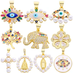 Juya Handmade 18K Real Gold Plated Tree Of Life Elephant Fruit Pearls Cross Saint Mary Enamel Greek Evil Eye Charms Supplies