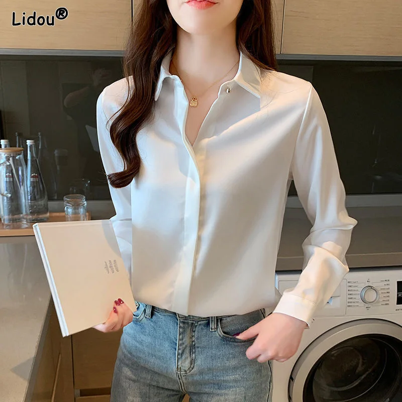 

Fashion Casual Office Lady Formal Skinny Solid Button Women's Clothing Temperament Drape Turn-down Collar Spring Summer Blouses