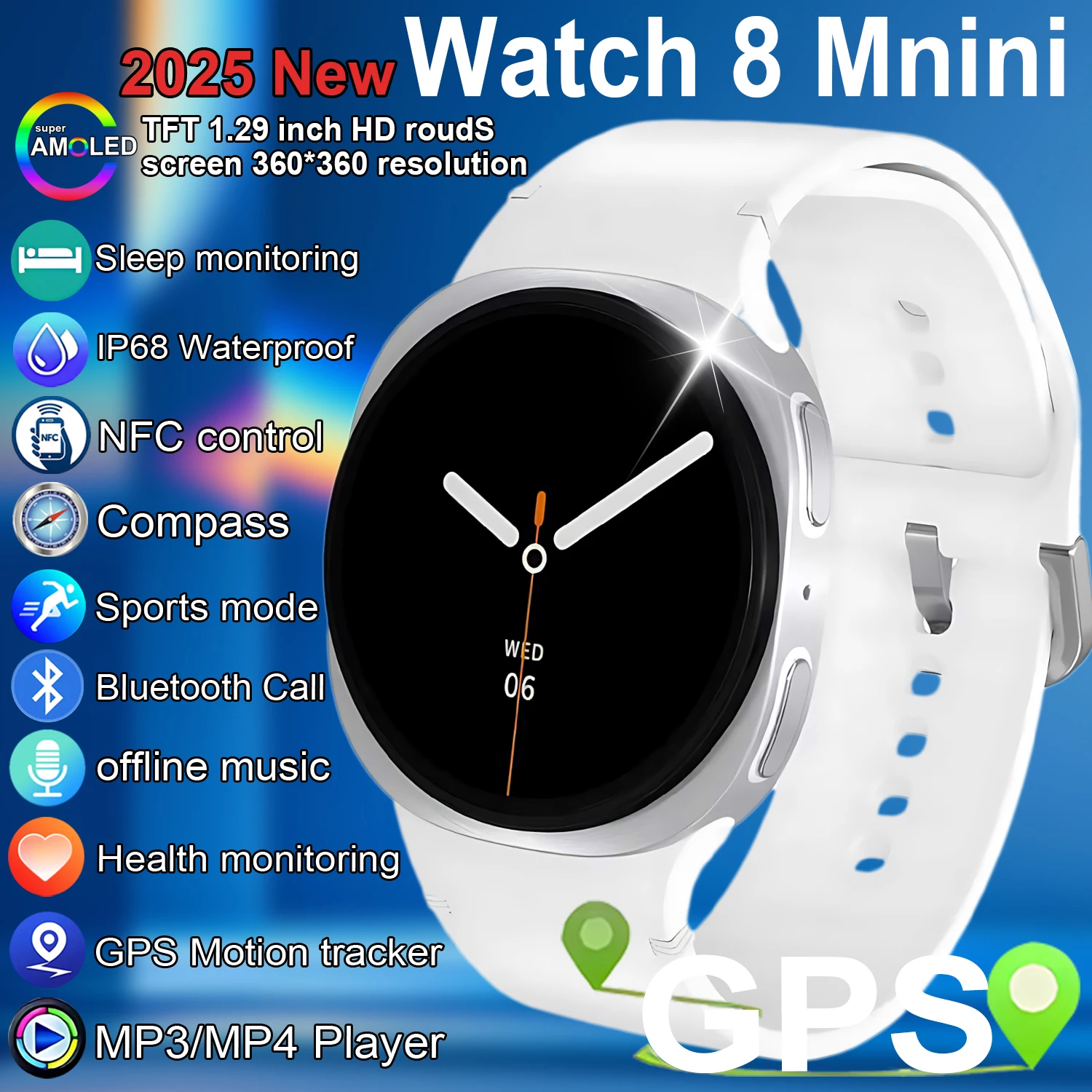 2025年 グラシックウォッチ8 ミニ GPSトラッキング スマートウォッチ メンズ レディース 健康 スポーツ AMOLED 心拍数 Bluetooth通話 防水スマートウォッチ