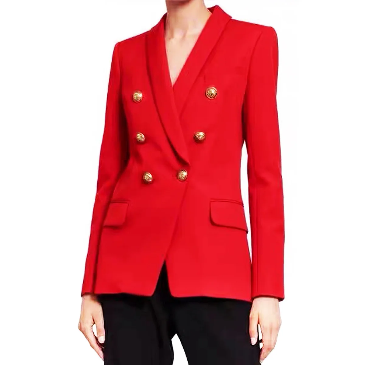 Luxus Herbst schwarz elegante Damen Blazer Schal kragen neu in Jacken Damen Metall Löwenkopf Schnalle Slim Fit Anzug rot