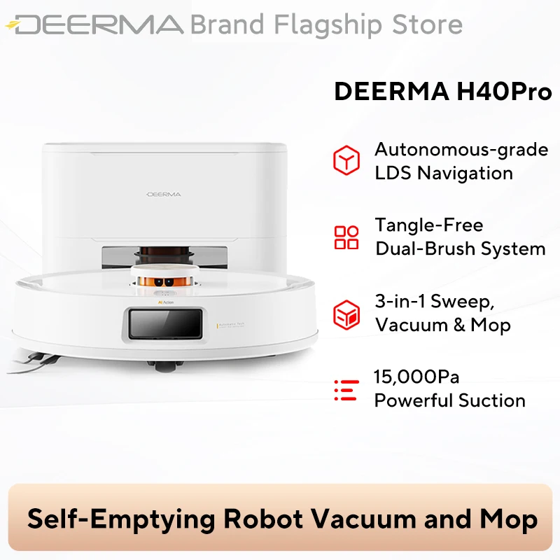 Deerma H40 Pro robotstofzuiger: automatische stofopvang, 3-in-1 functie: stofzuigen, dweilen en schoonmaken.