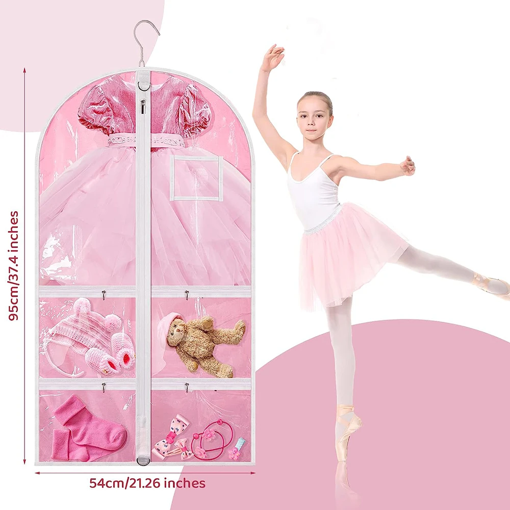 Pink Dance Dress Garment Bags for Dancers Clear Kids Hanging Dance Clothing Bag with Four Clear Pockets for Dance Competition