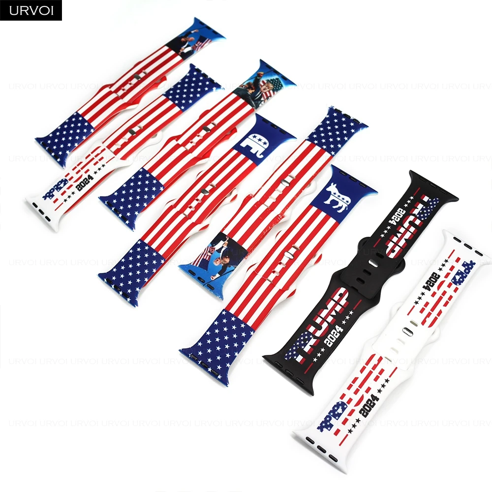 URVOI Band for Apple Watch Series 10 9 8 7 6 5 Printed silicone strap for iWatch Trump supporters wristband US flag pin buckle