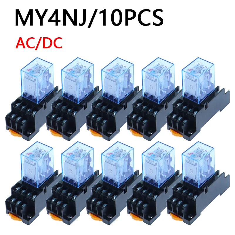 10Set MY4N DC12V AC12V DC24V AC24V Coil 5A 4NO 4NC LED Indicator Power Relay DIN Rail 14 Pin time relay with socket base