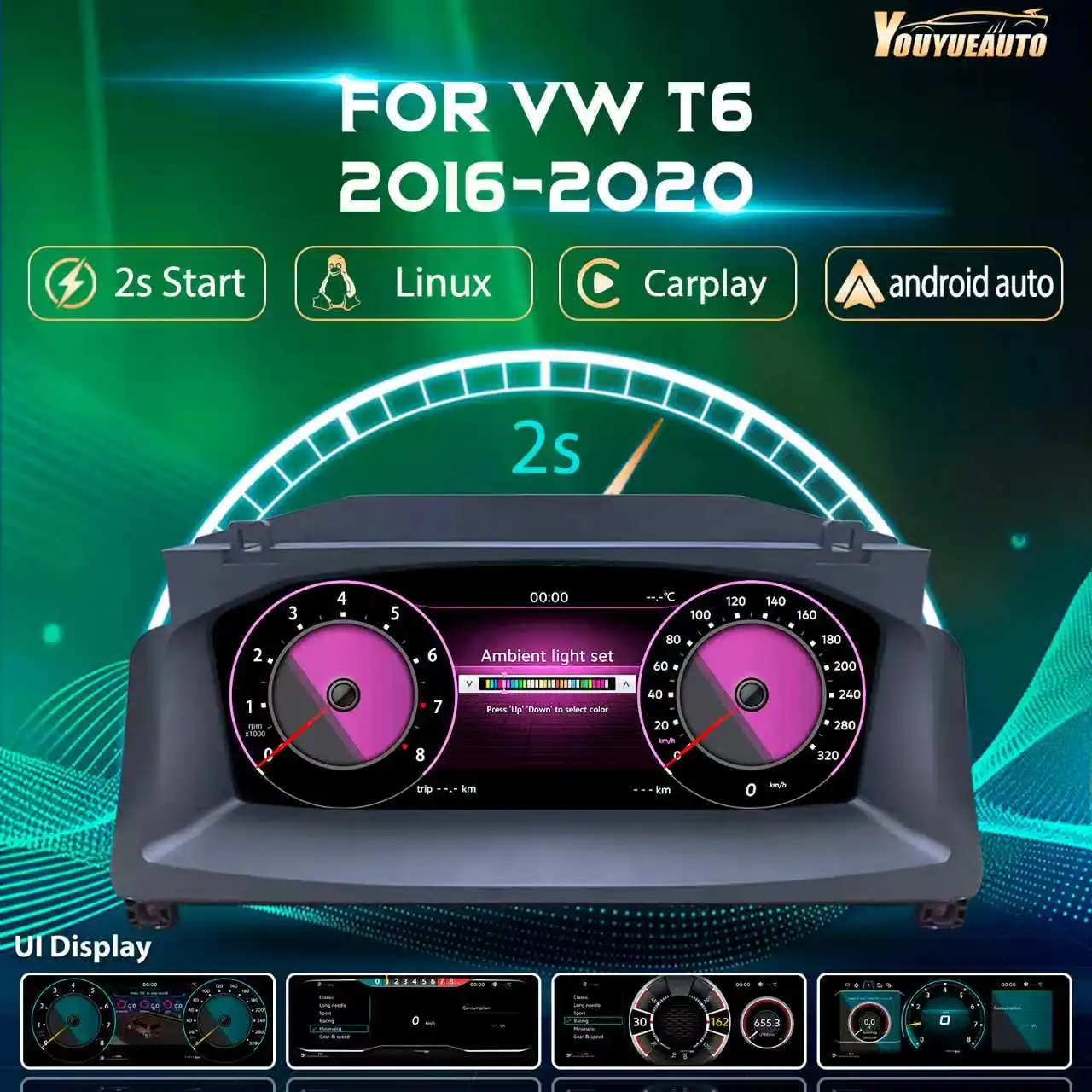 Quadro strumenti digitale LCD da 12,3'' per VW T6 Transporter anni 2016-2020, pannello strumenti, cruscotto, tachimetro con navigazione