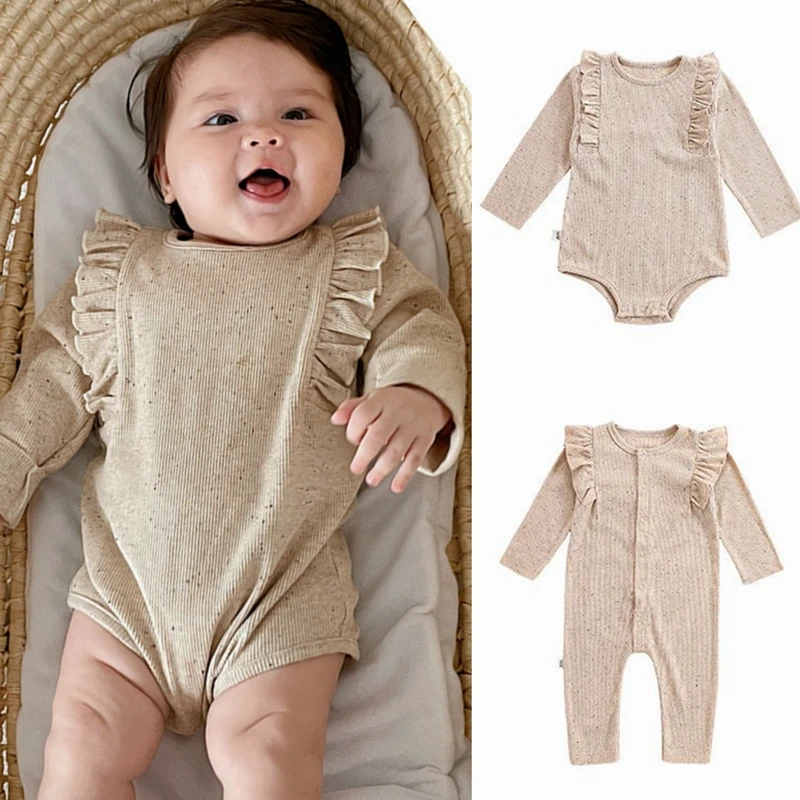 

Cotton Baby Boys Girls Romper Solid Color Long Sleeve Long Sleeve Jumpsuits Oat Colored Ruffle Bodysuits Spring Infant Clothes