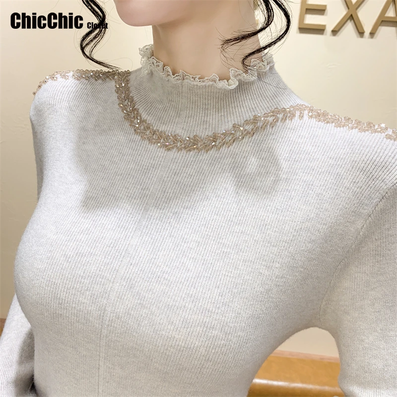 

Rhinestone Women Sweater Autumn Mock Neck Vintage Basic Solid Knitted Tops Slim Pullover Korean Sweaters Long Sleeve Clothes 2YK