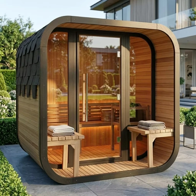 Customized Luxury Modern Outdoor Steam Sauna with Tempered Glass and Solid Wood Weatherproof Backyard Spa Cabin Wood Sauna