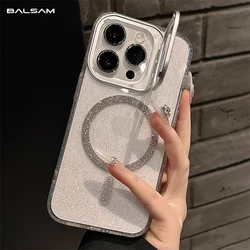 For Magsafe Magnetic Wireless Charge Glitter Clear Case For iPhone 15 14 13 12 11 Pro Max Camera Folding Holder Shockproof Cover