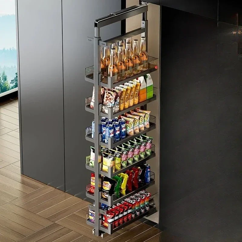 Kitchen cabinets, high cabinets, pull baskets, narrow slits on the side of the refrigerator, snacks