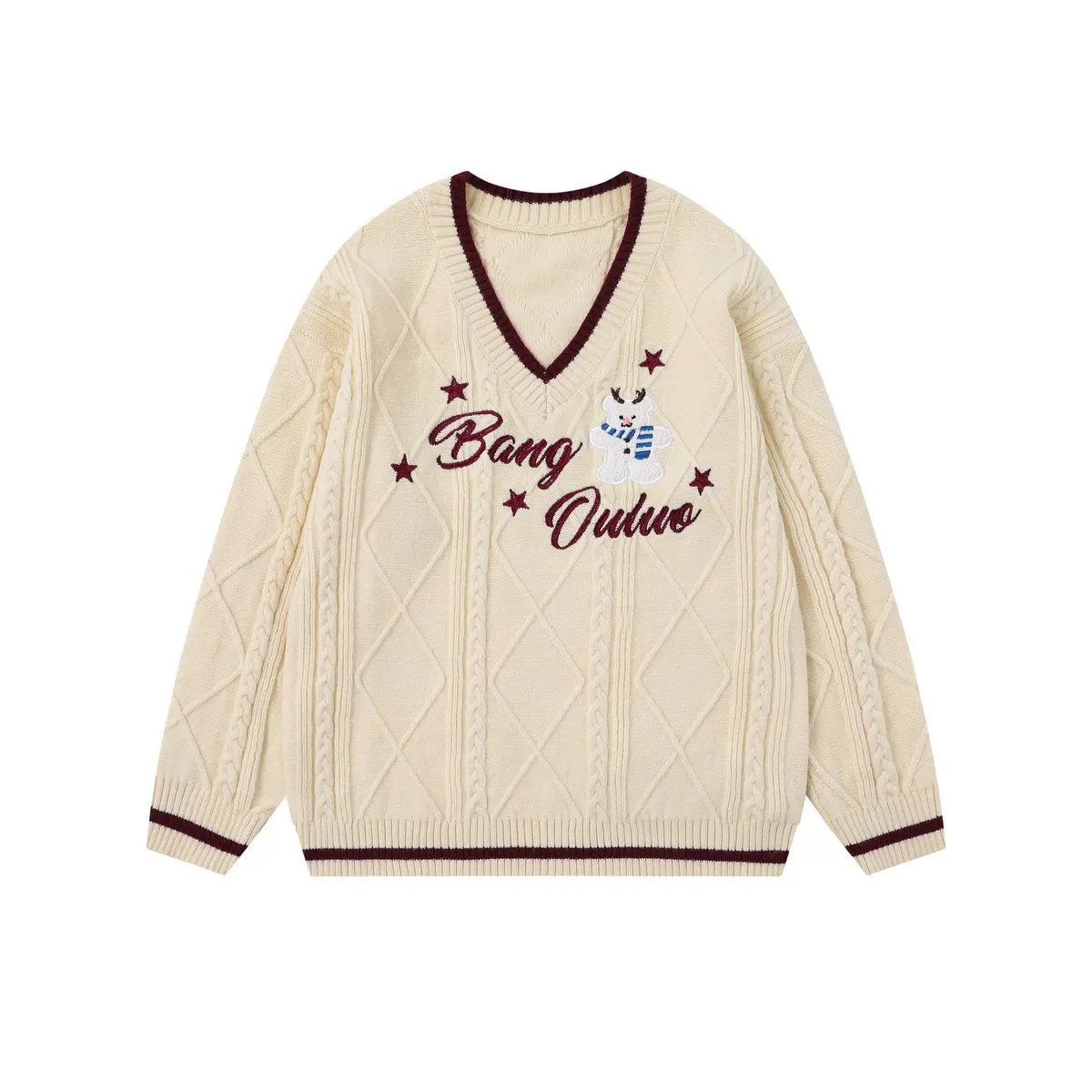 

Осень 2023, новинка Guochao, ретро с v-образным вырезом и медведем, жаккардовый дизайн, повседневные свободные мужские и женские свитера