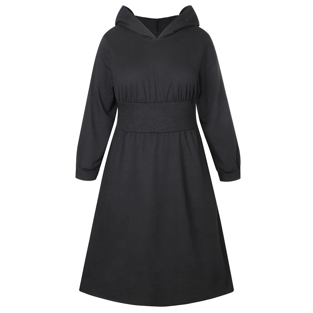 XL-5XL Plus Size Hooded Dress Women Fashion Long Style Pullover Autumn Winter Solid Long Sleeve Warm Sweat Dress With Pockets