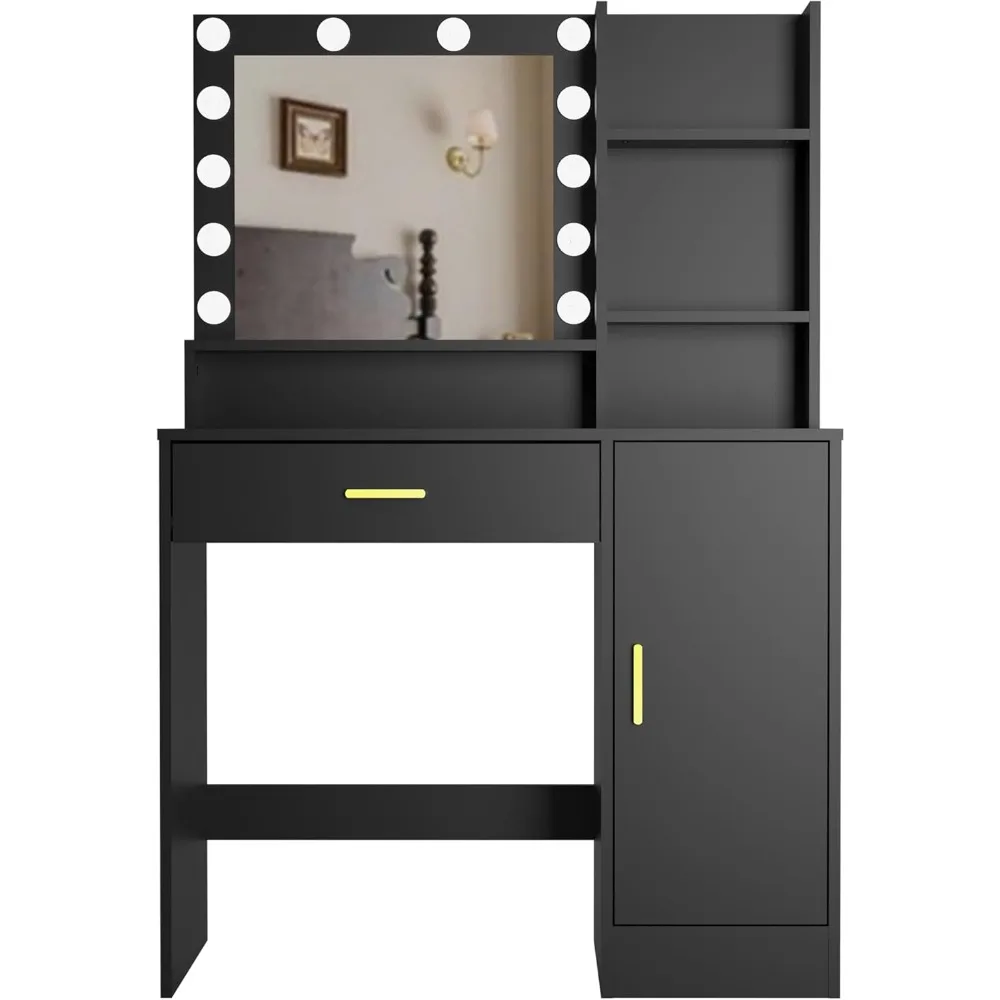 

Vanity Desk, Vanity Mirror with Lights and Table Set with 1 Big Drawers, 1 Cabinet & 4 Shelves Makeup Vanity Set 3 Lighting Mode