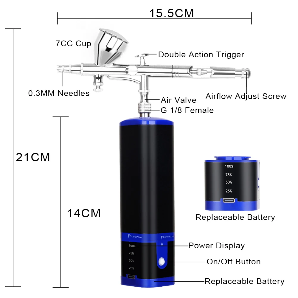 Portable Cordless Airbrush Mini Compressor Set Temporary Tattoo Air Brush Kit 0.3MM Nozzle Battery Replace Noiseless Machine