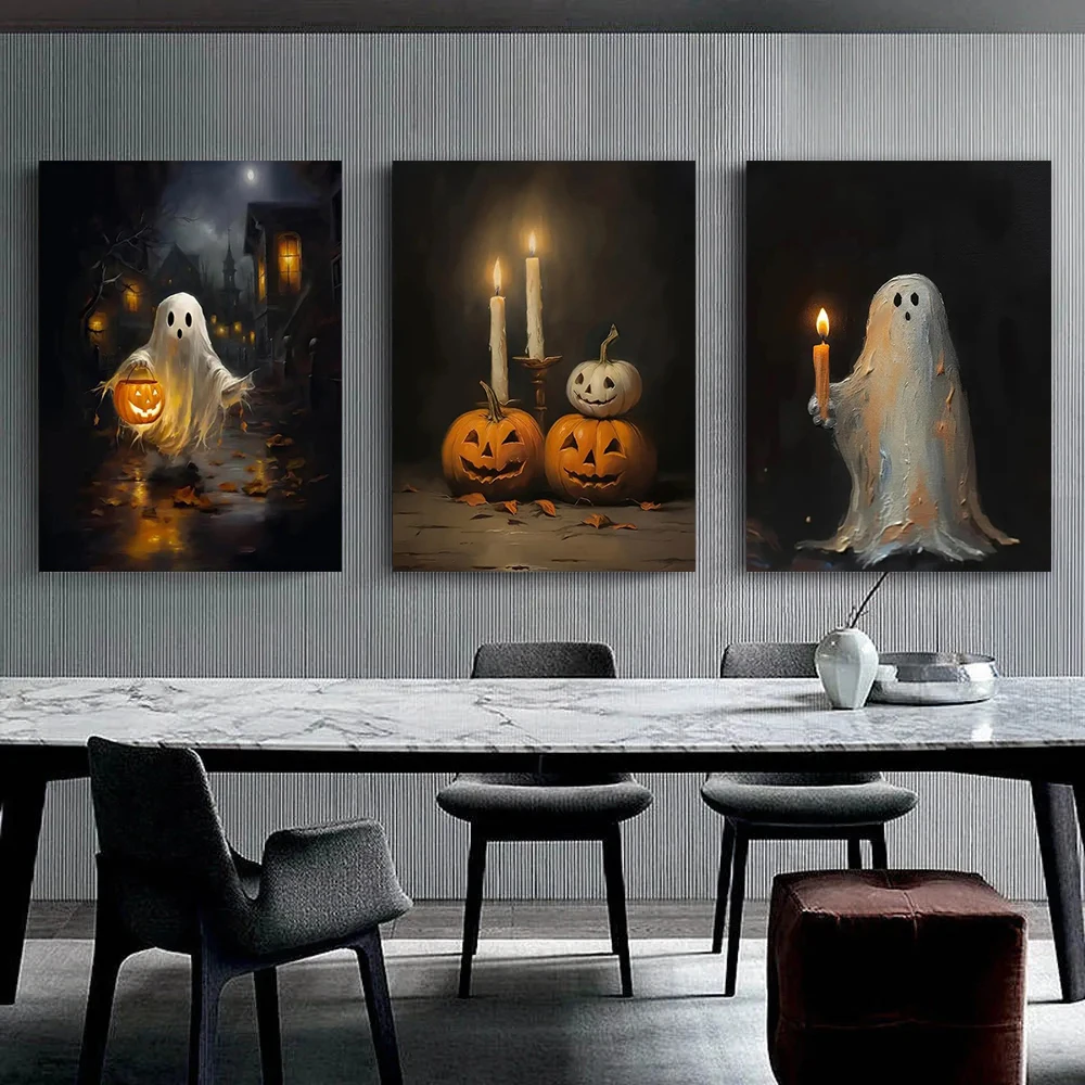 3pcs Canvas Wall Art ,Pumpkin Ghost Candle Poster Printing,Gothic Canvas Painting, Halloween Festival Home Decoration