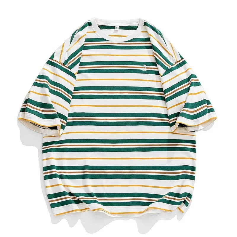 Summer Y2K Vintage Striped Men T-shirt 2024 New Cotton Short Sleeve Embroidered T Shirt Streetwear Hip Hop Fashion Tee Tops