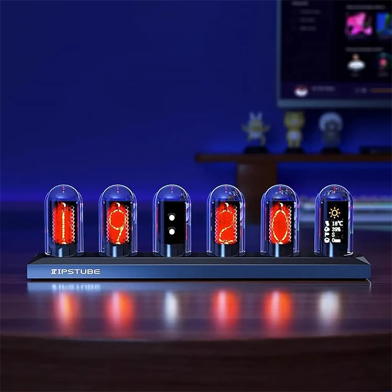ساعة منبه أنبوبية RGB Nixie تعمل بمنفذ USB وشاشة IPS وتصميم بيضاوي من الألومنيوم الكهربائي مع منفذ شحن وإطار معدني #1