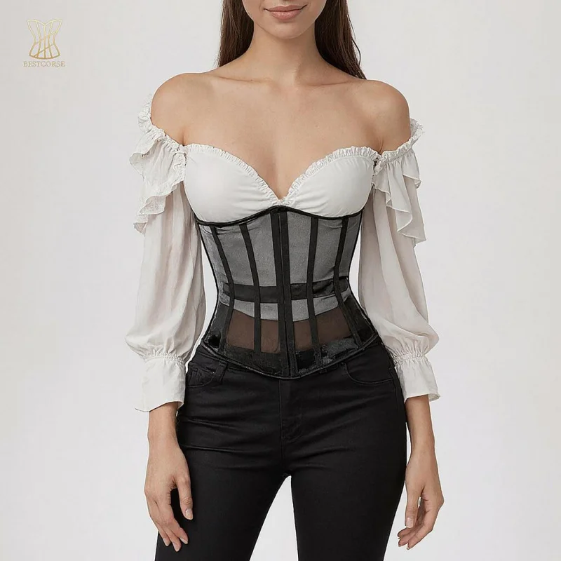 

XS sexy black mesh corset transparent Plus Size korset for dress breathable shaping waist corset belt With bones flat tummy