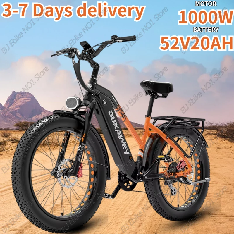 Electric Bike 1000W Motor 52V20AH Lithium Battery Mountain Off-road Ebike with Shelf 26*4 Fat Tire All-terrain Electric Bicycle