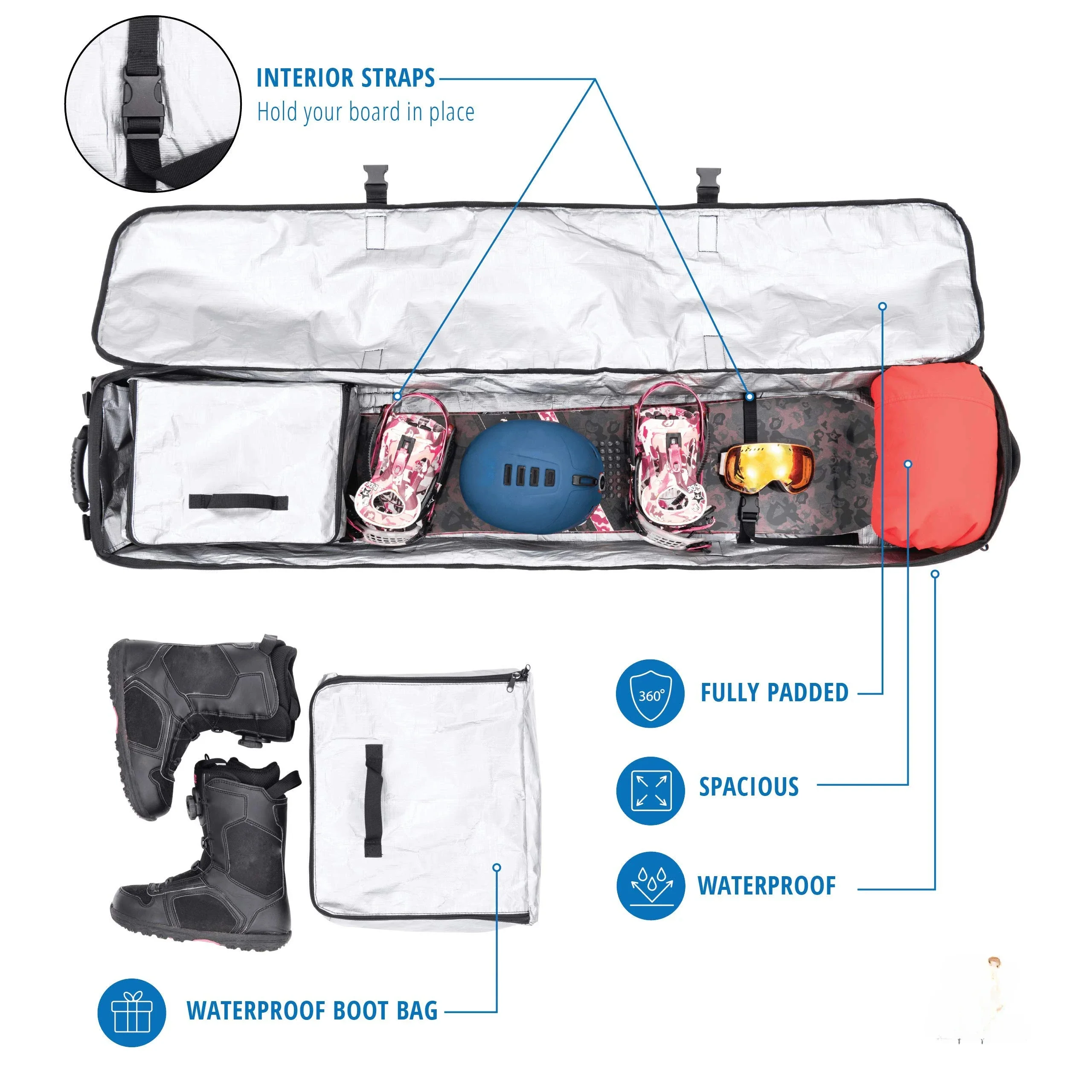 Bolsa de snowboard acolchada con ruedas para viajes aéreos, bolsa de snowboard con ruedas impermeable, ahorro de espacio enrollable