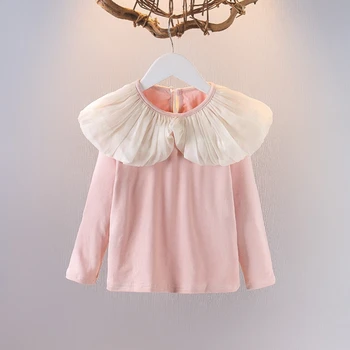 0-5T 여아용 단색 코튼 스위트 팰리스 스타일 블라우스, 캐주얼 패션, 부드러운 긴팔 티셔츠, 유아 어린이 아웃웨어 탑