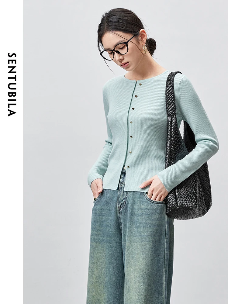 SENTUBILA Slim Fit Wool Knitted Pullovers for Women 2024 Autumn Retro Metal Button Round Neck Simple Women Top W43H56370