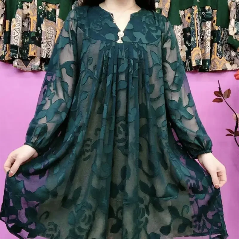 New Fashion Dress with Heavy Craftsmanship Printing Mother's Wear Age Reducing Medium to Long Sleeves Bottom XQ63