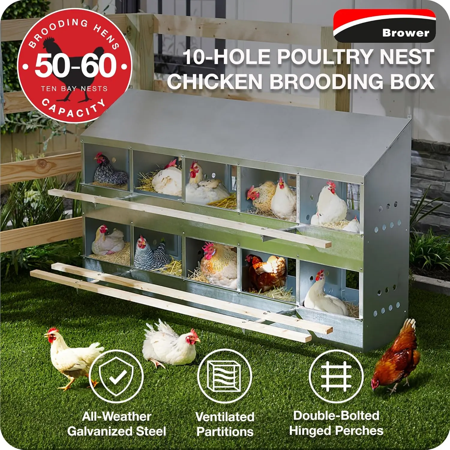 410B Galvanized Steel and Wooden Planks Nesting Box 10 Hole Chicken Coop Bird Nest fits up to 50-60 Poultry Chicken House