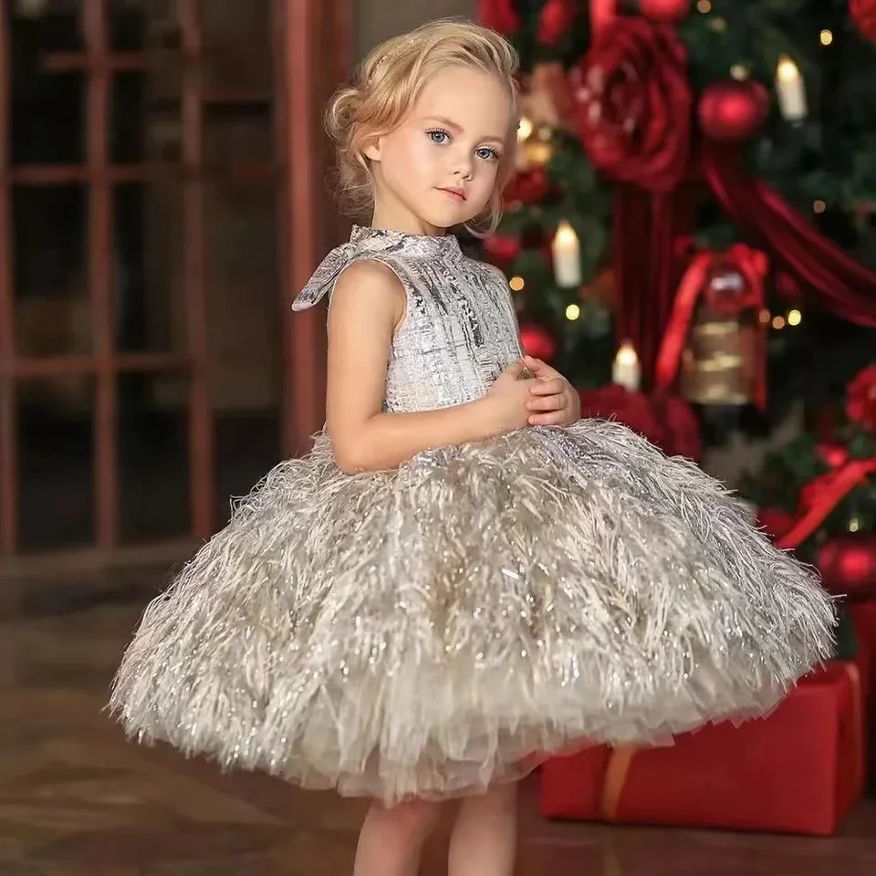 

Puff Feather Lush Girl Party Dresses Elegant Sleeveless Feather Girl Princess Dress Shiny Luxurious Birthday Wedding Dress Girl