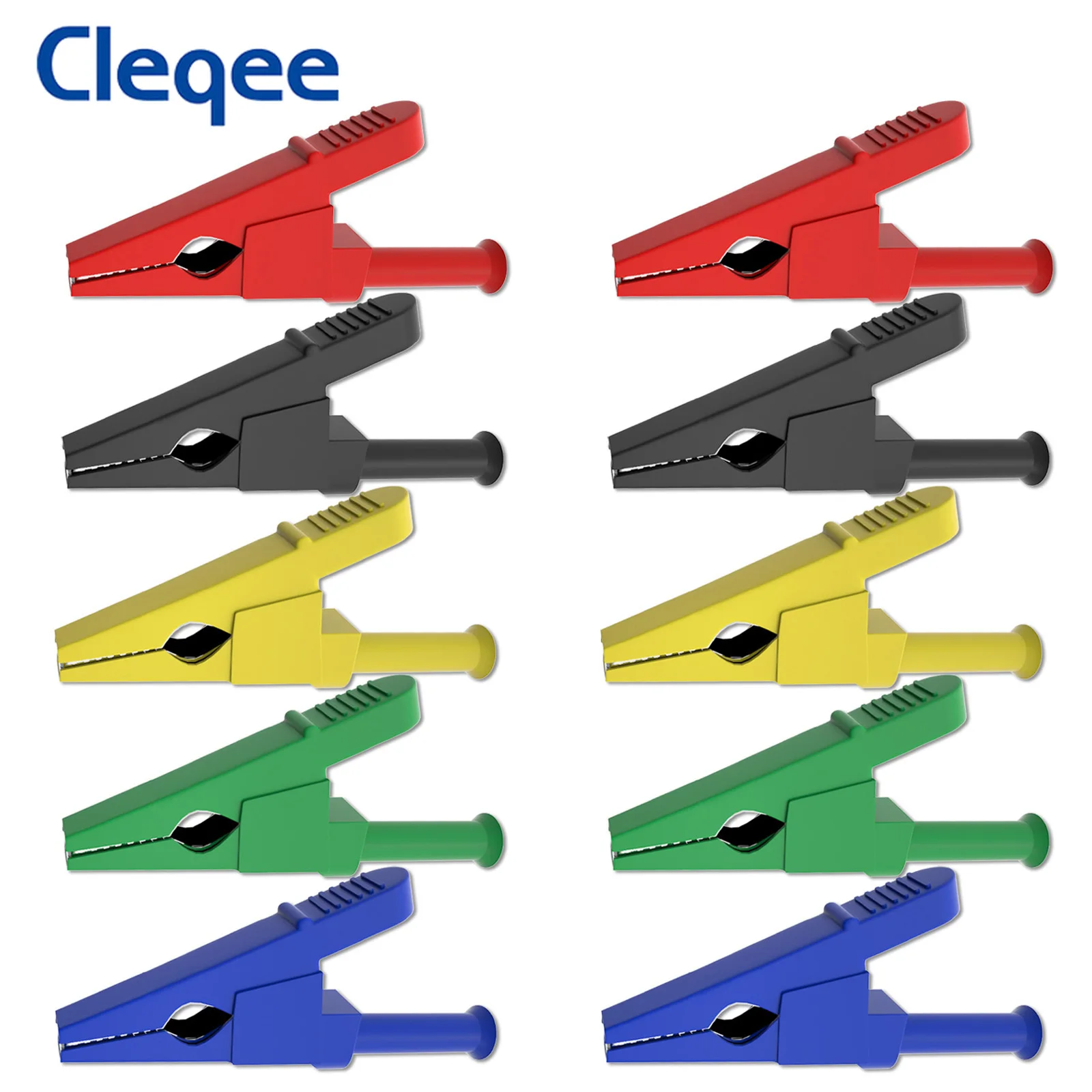 

Cleqee P2002.20L 10PCS Safety Alligator Clip with 4mm Socket Fully Insualted Crocodile Clamps for 4mm Banana Plug or Welding 30A