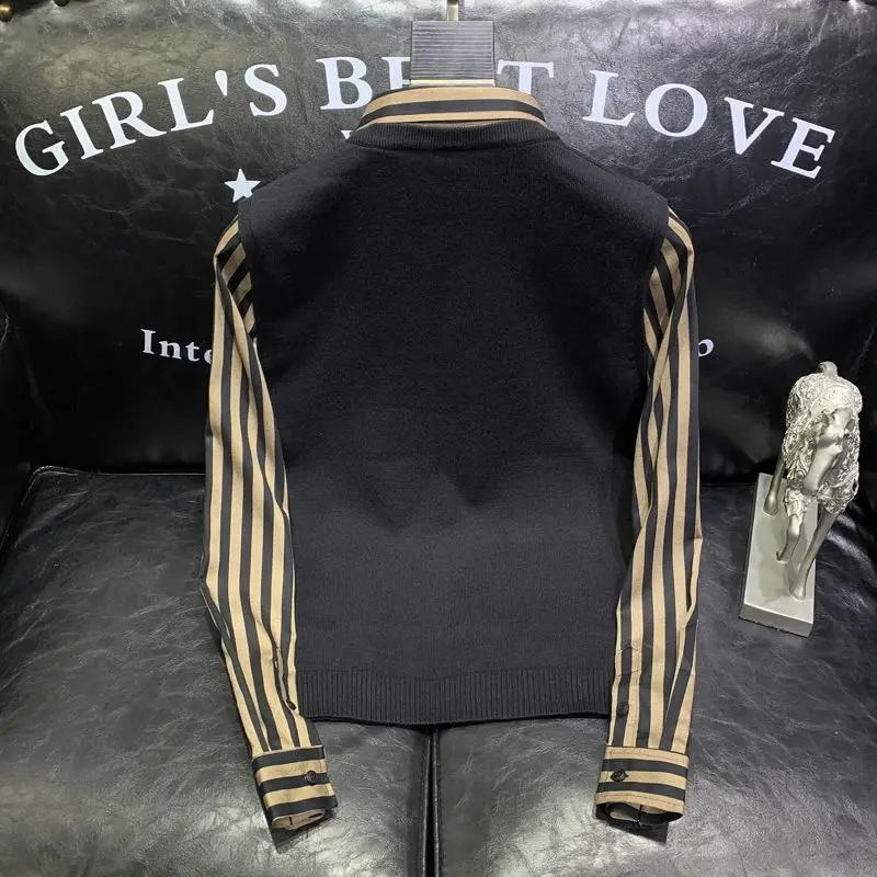 2023 New Men's Autumn and Winter Fashion Trend Label Slim Fitting Lapel Striped Contrast Color Shirt Vest Two-piece Sweater