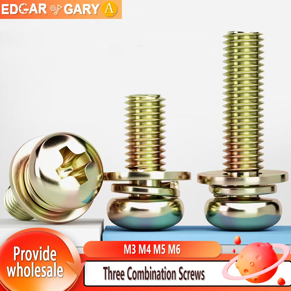 Three Combination Phillips Round Head Screw Flat Washer M3 M4 M5 M6 Cross Pan Head Bolt Spring Assemble Bolts