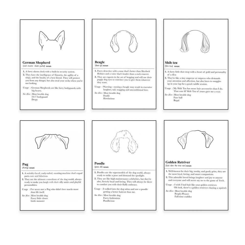 French bulldog, dachshund, pug, poodle, chihuahua, labrador, corgi, golden retriever, siberian husky dog dictionary poster
